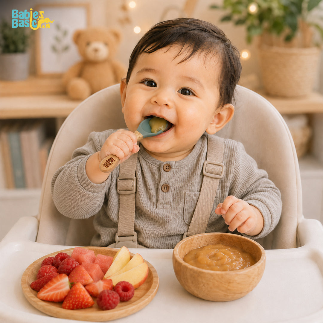 Babies Basic Silicone Spoon with Bamboo Handle for Kids, Green and Indigo