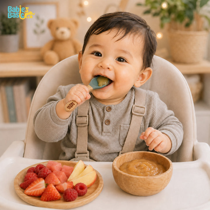 Babies Basic Silicone Spoon with Bamboo Handle for Kids, Green and Indigo