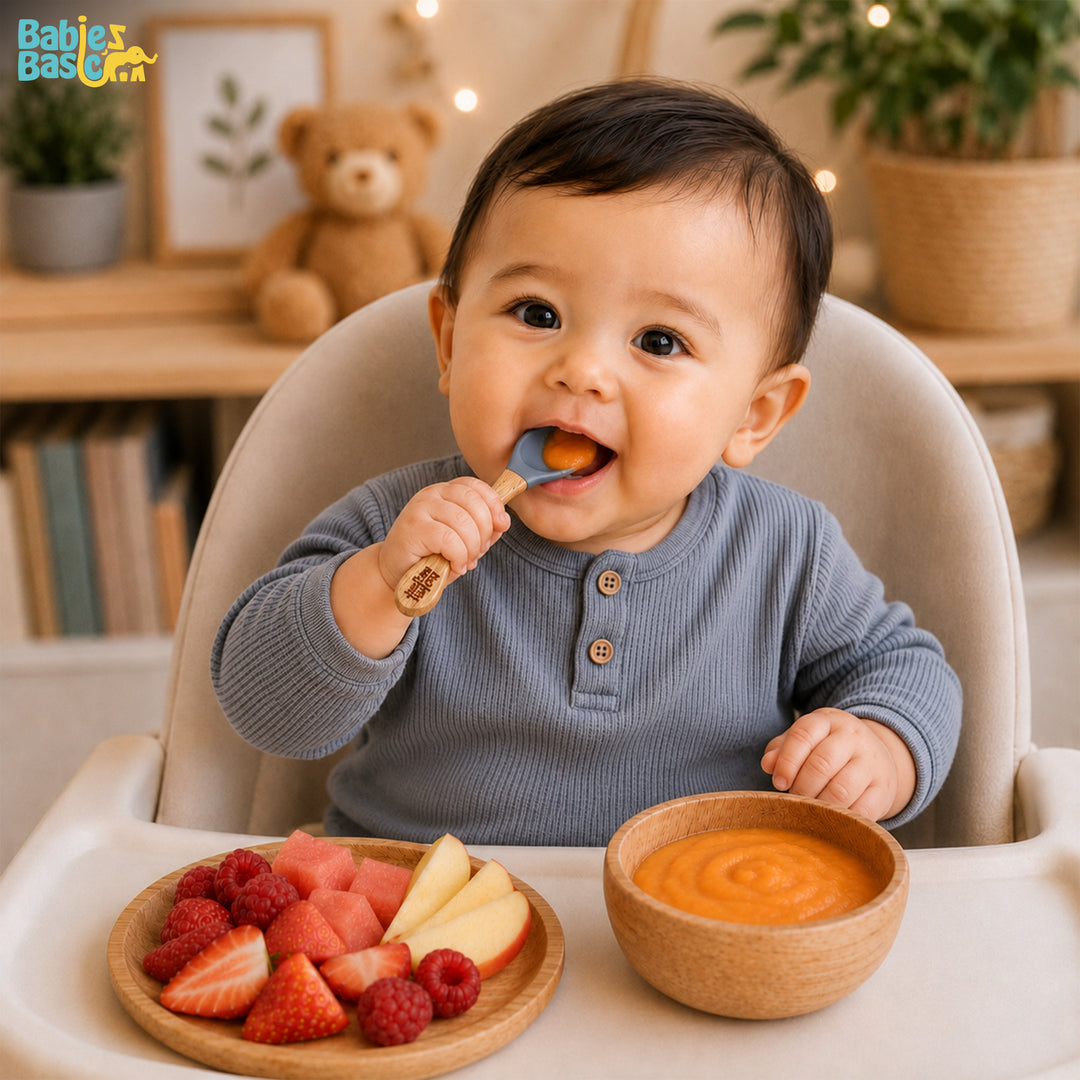 Babies Basic Silicone Spoon with Bamboo Handle for Kids, Green and Indigo