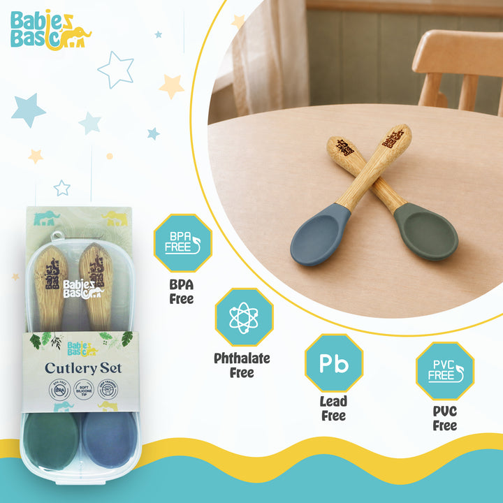 Babies Basic Silicone Spoon with Bamboo Handle for Kids, Green and Indigo