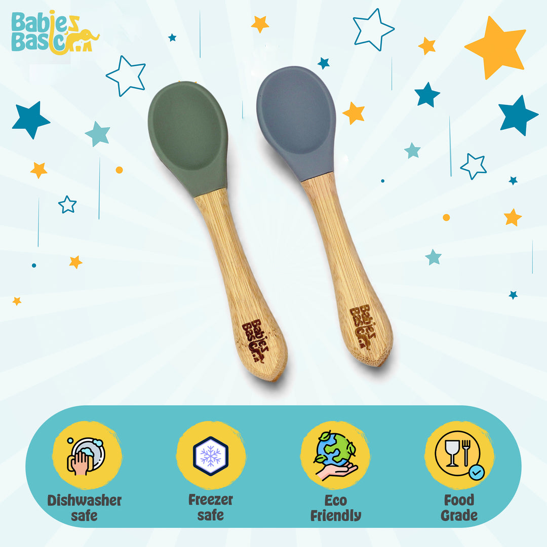 Babies Basic Silicone Spoon with Bamboo Handle for Kids, Green and Indigo