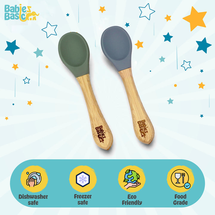 Babies Basic Silicone Spoon with Bamboo Handle for Kids, Green and Indigo