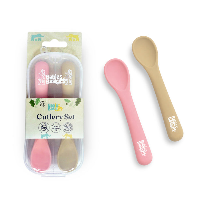 Babies Basic Flexible Silicone Spoon Set with travel case for kids, Beige and Pink