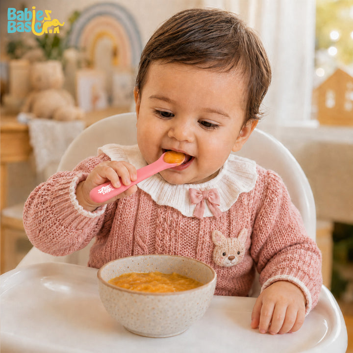 Babies Basic Flexible Silicone Spoon Set with travel case for kids, Beige and Pink