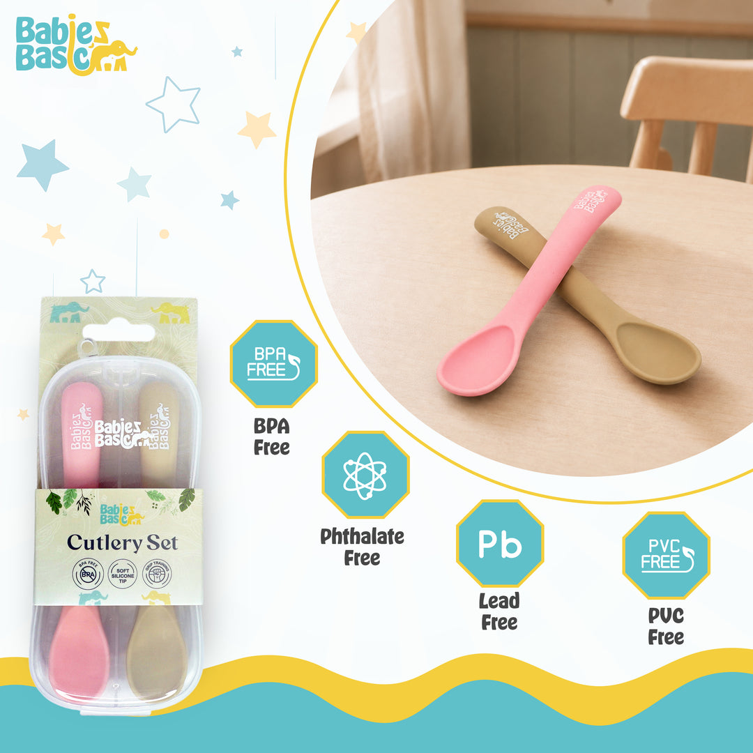 Babies Basic Flexible Silicone Spoon Set with travel case for kids, Beige and Pink