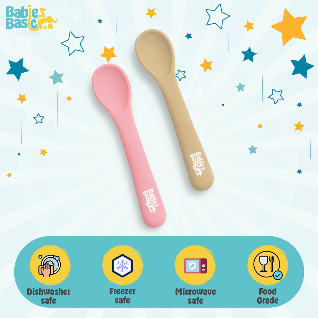 Babies Basic Flexible Silicone Spoon Set with travel case for kids, Beige and Pink