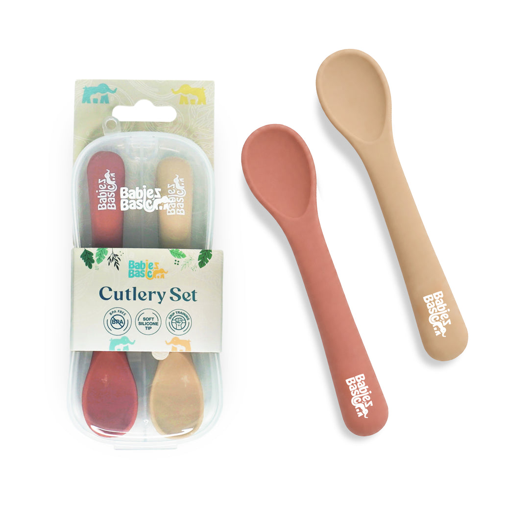 Babies Basic Flexible Silicone Spoon Set with travel case for kids, Brown and Beige