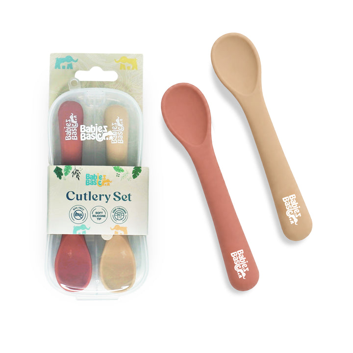 Babies Basic Flexible Silicone Spoon Set with travel case for kids, Brown and Beige