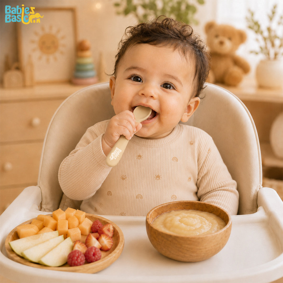 Babies Basic Flexible Silicone Spoon Set with travel case for kids, Brown and Beige