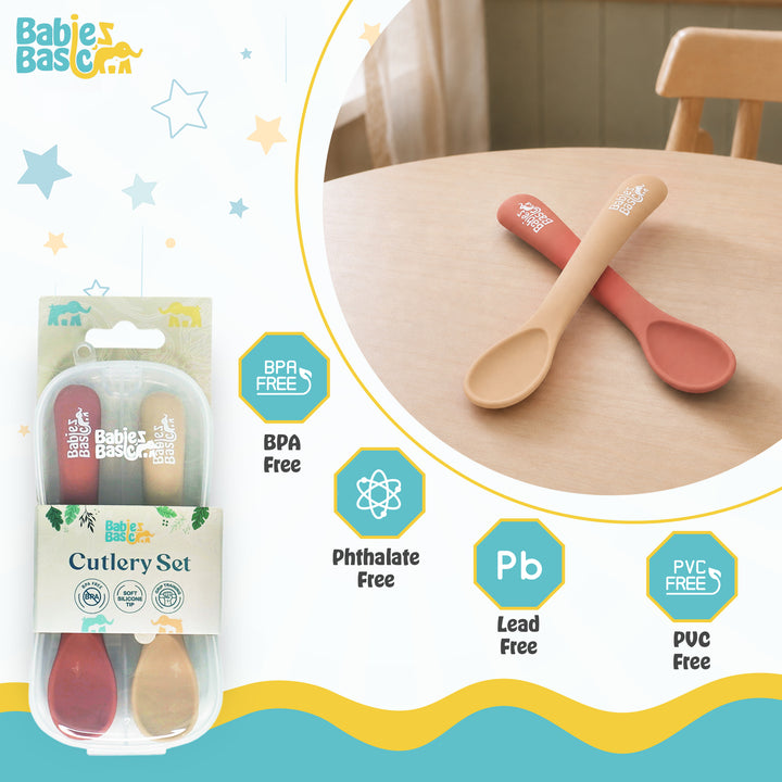 Babies Basic Flexible Silicone Spoon Set with travel case for kids, Brown and Beige