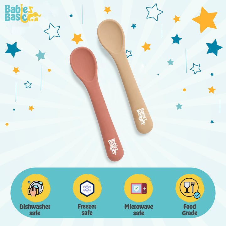 Babies Basic Flexible Silicone Spoon Set with travel case for kids, Brown and Beige