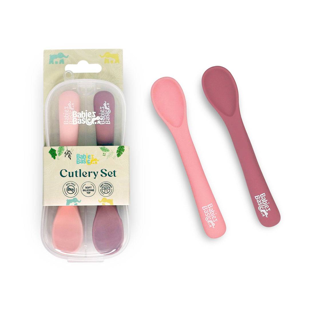 Babies Basic Flexible Silicone Spoon Set with travel case for kids, Dusty Pink and Pink