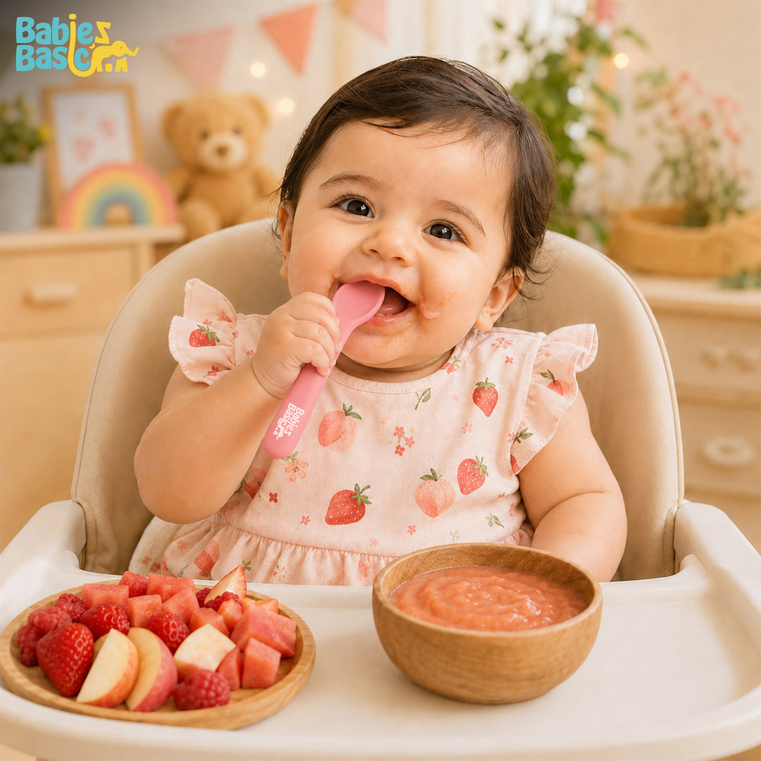 Babies Basic Flexible Silicone Spoon Set with travel case for kids, Dusty Pink and Pink