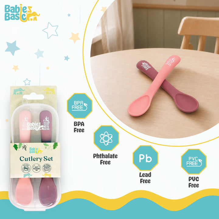 Babies Basic Flexible Silicone Spoon Set with travel case for kids, Dusty Pink and Pink