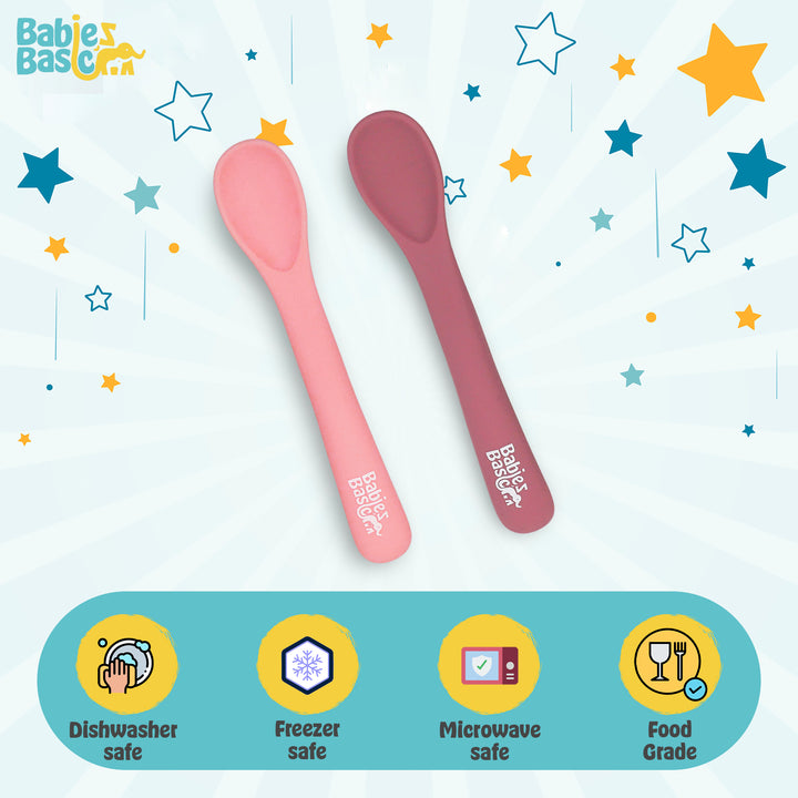 Babies Basic Flexible Silicone Spoon Set with travel case for kids, Dusty Pink and Pink