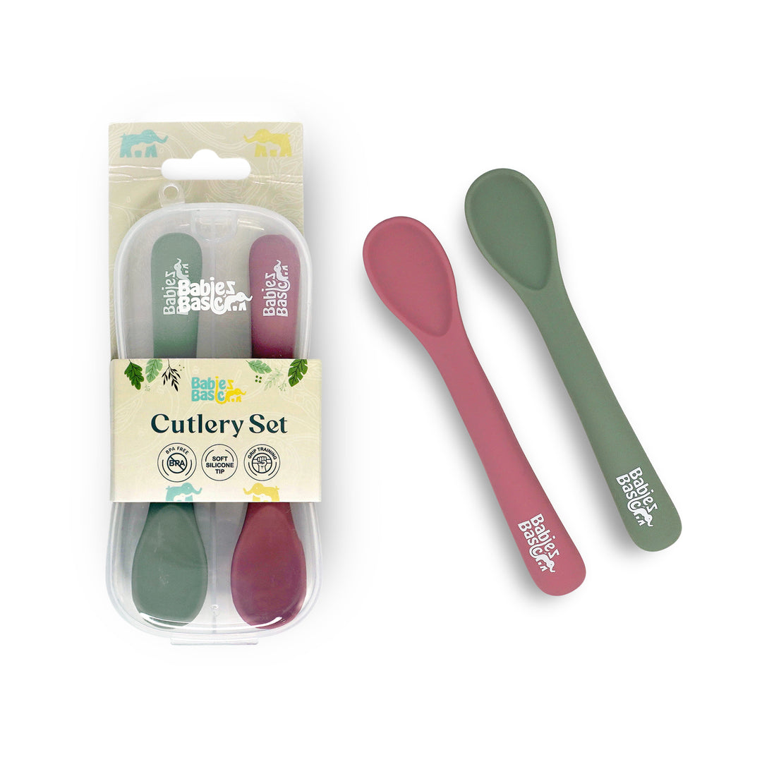 Babies Basic Flexible Silicone Spoon Set with travel case for kids, Dusty Pink and Green