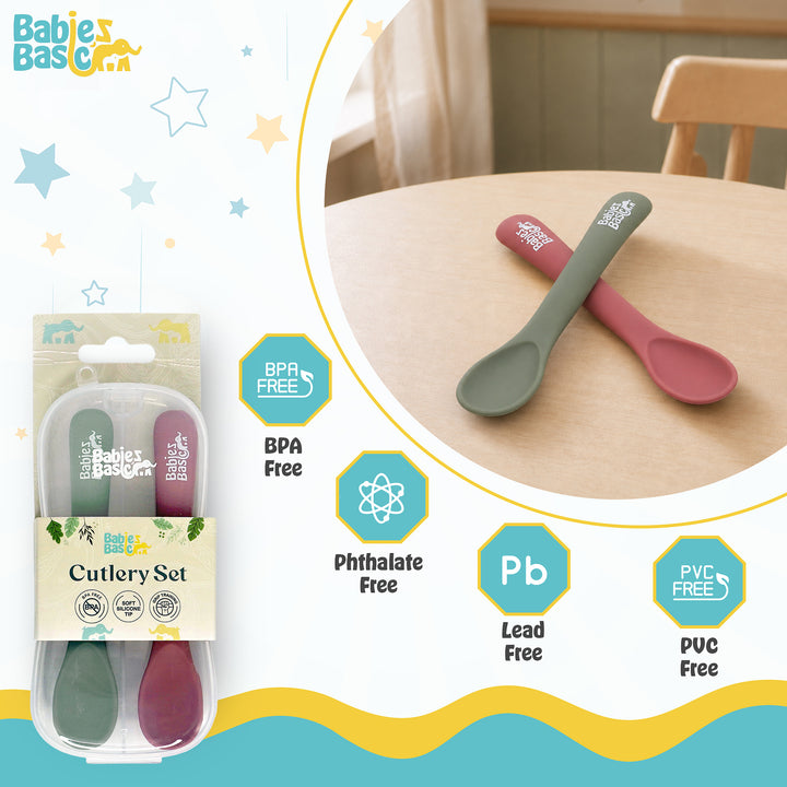 Babies Basic Flexible Silicone Spoon Set with travel case for kids, Dusty Pink and Green