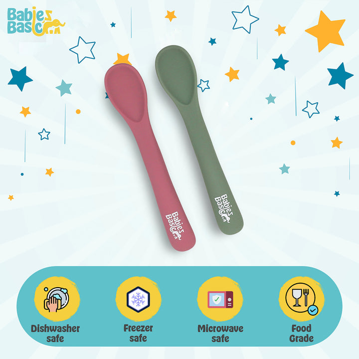Babies Basic Flexible Silicone Spoon Set with travel case for kids, Dusty Pink and Green