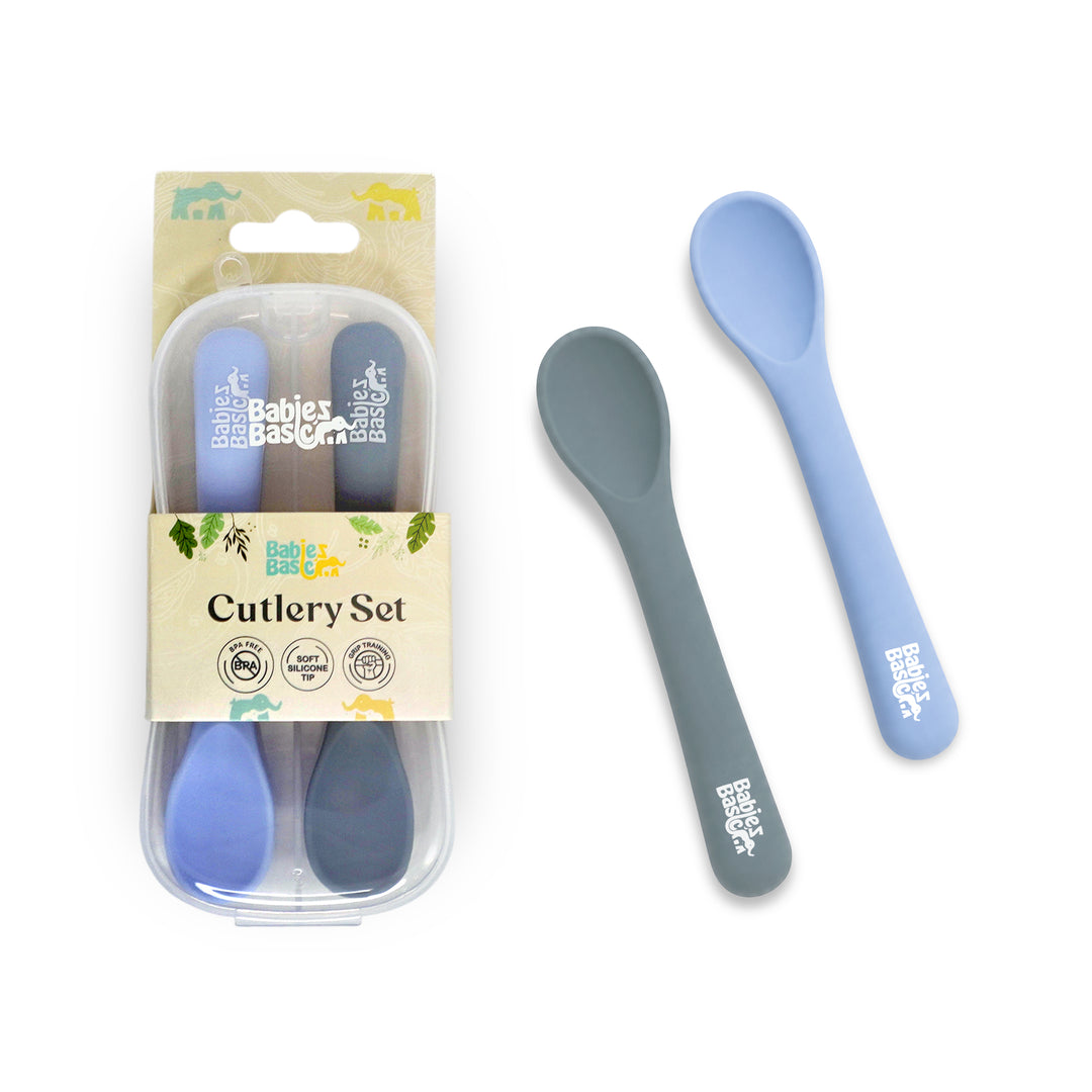 Babies Basic Flexible Silicone Spoon Set with travel case for kids, Indigo and Blue