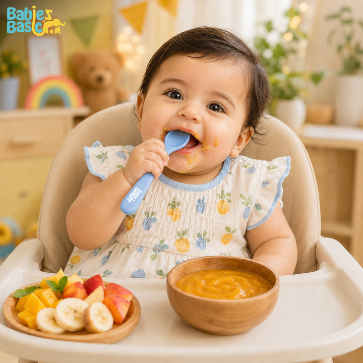 Babies Basic Flexible Silicone Spoon Set with travel case for kids, Indigo and Blue