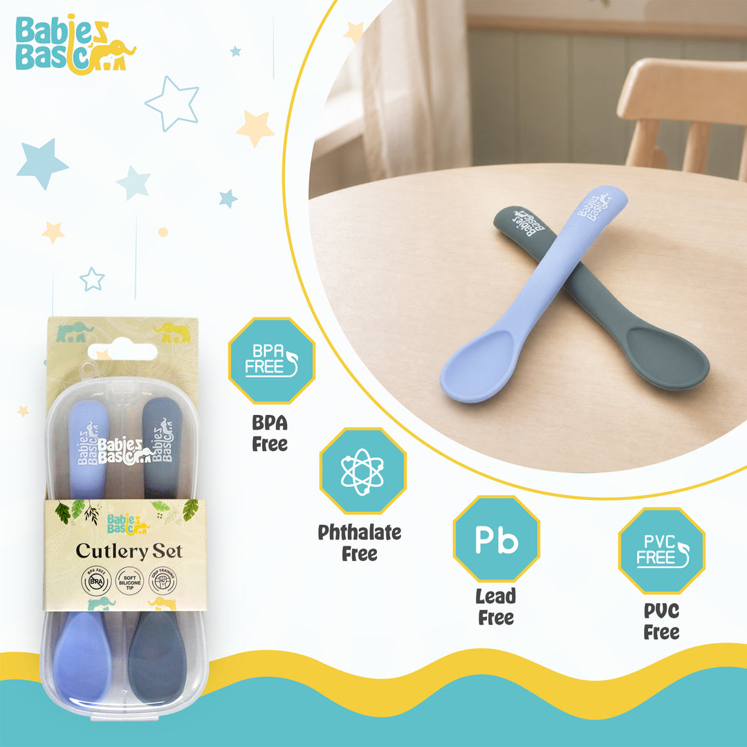 Babies Basic Flexible Silicone Spoon Set with travel case for kids, Indigo and Blue