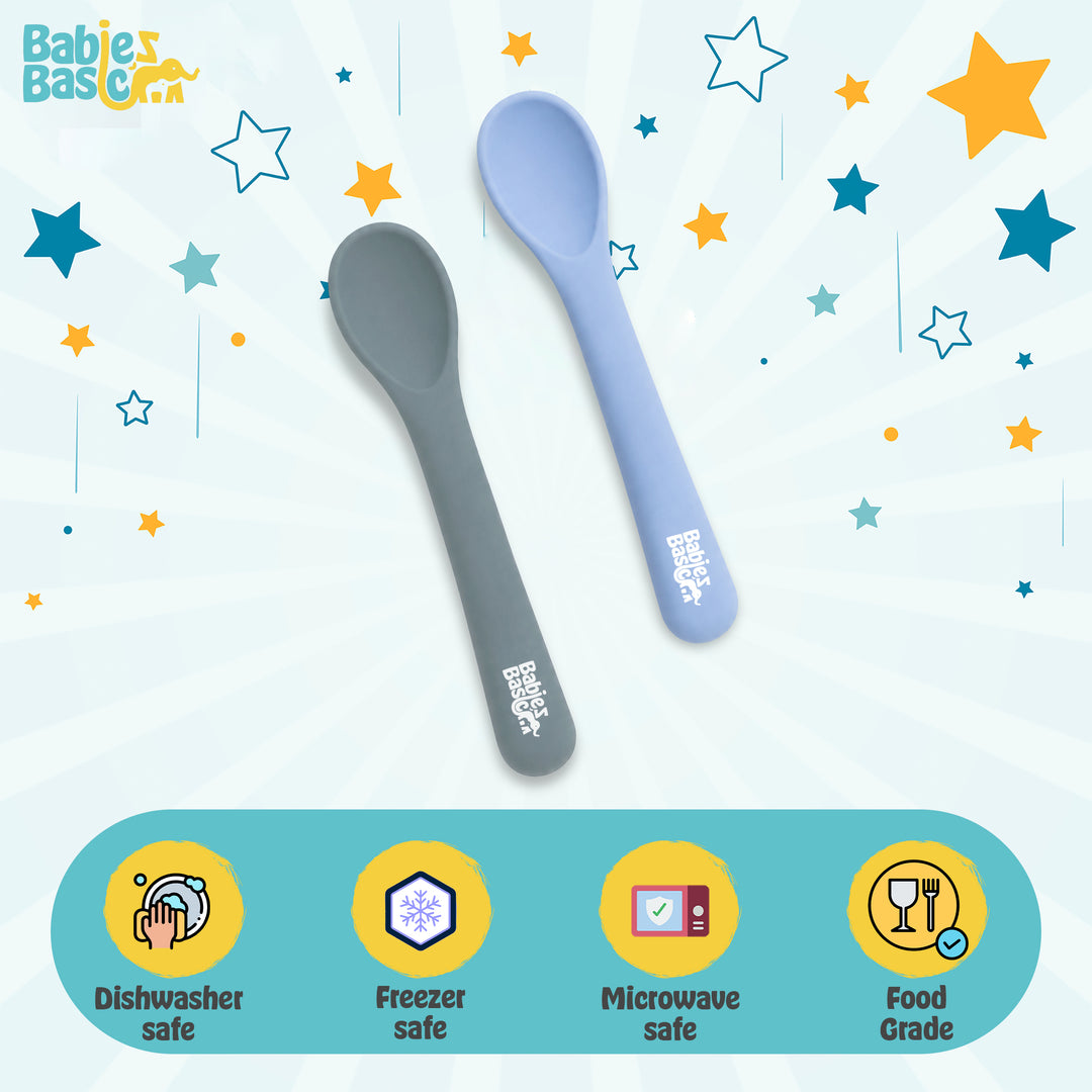 Babies Basic Flexible Silicone Spoon Set with travel case for kids, Indigo and Blue