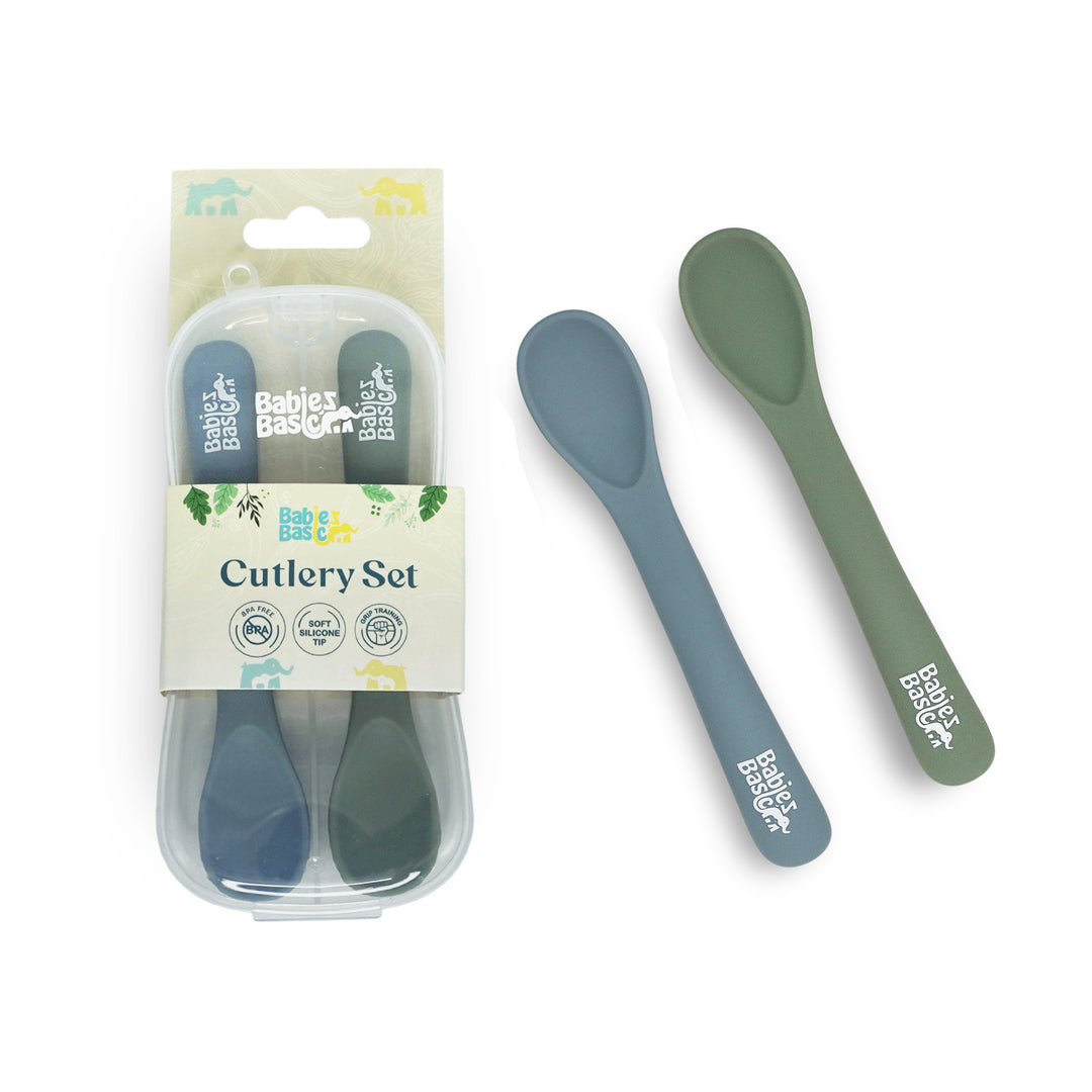 Babies Basic Flexible Silicone Spoon Set with travel case for kids, Indigo and Green