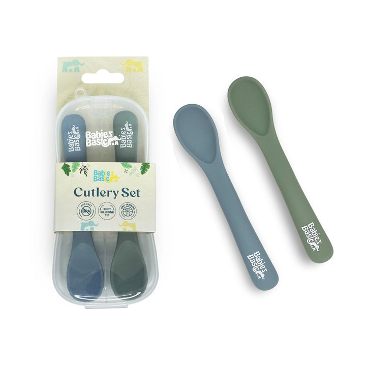 Babies Basic Flexible Silicone Spoon Set with travel case for kids, Indigo and Green