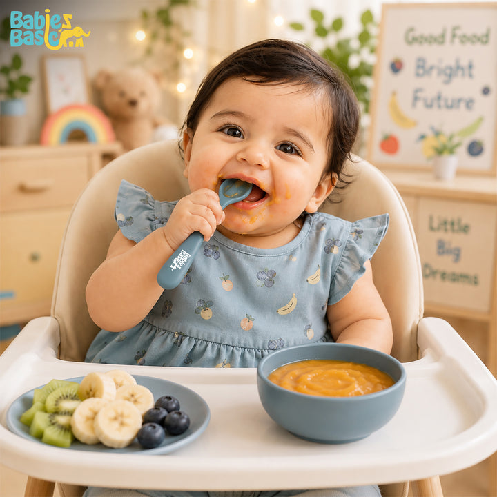 Babies Basic Flexible Silicone Spoon Set with travel case for kids, Indigo and Green