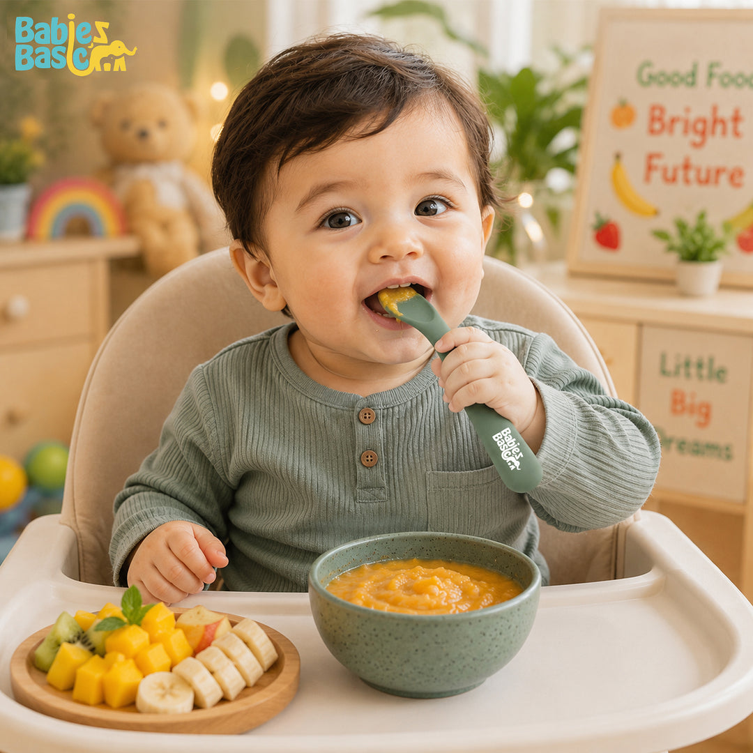 Babies Basic Flexible Silicone Spoon Set with travel case for kids, Indigo and Green