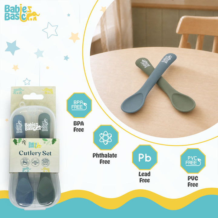 Babies Basic Flexible Silicone Spoon Set with travel case for kids, Indigo and Green