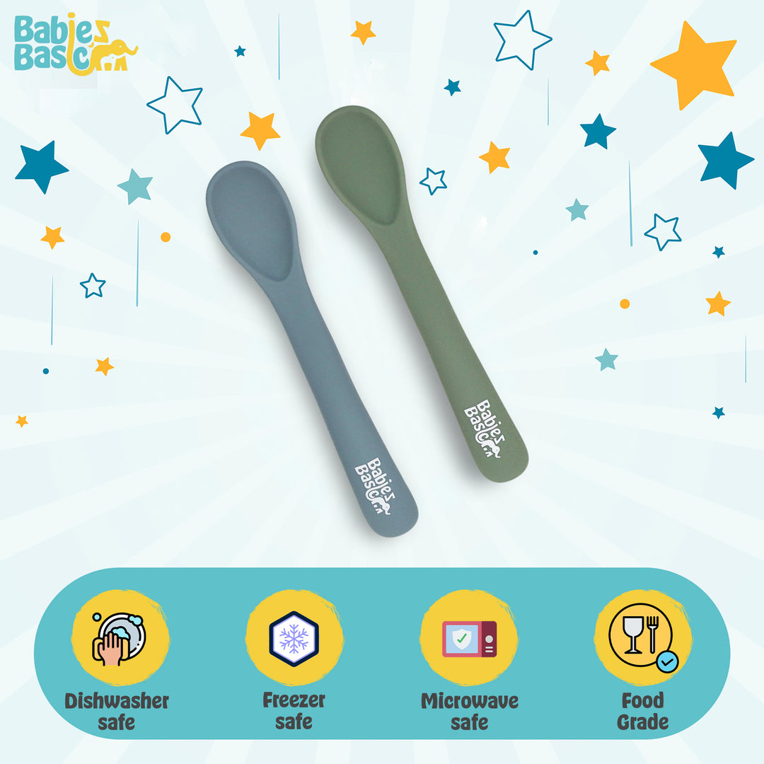Babies Basic Flexible Silicone Spoon Set with travel case for kids, Indigo and Green