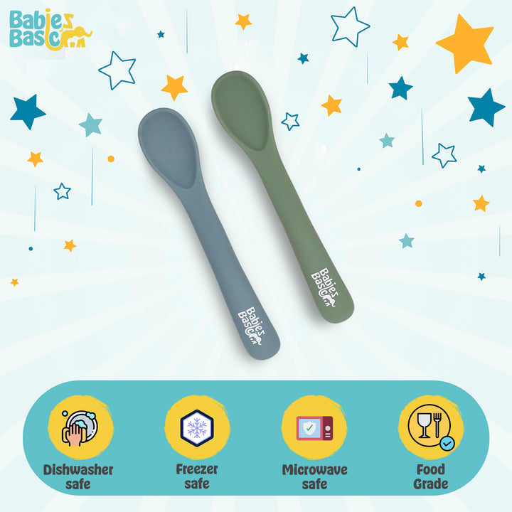 Babies Basic Flexible Silicone Spoon Set with travel case for kids, Indigo and Green