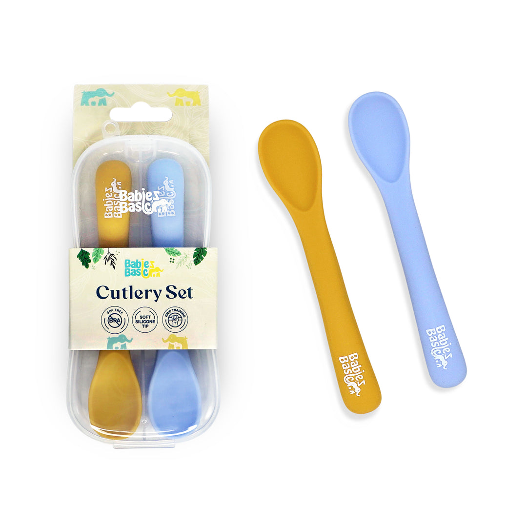 Babies Basic Flexible Silicone Spoon Set with travel case for kids, Yellow and Blue