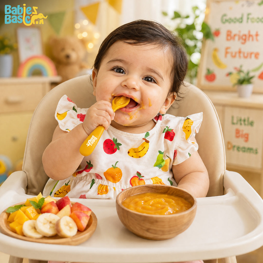 Babies Basic Flexible Silicone Spoon Set with travel case for kids, Yellow and Blue