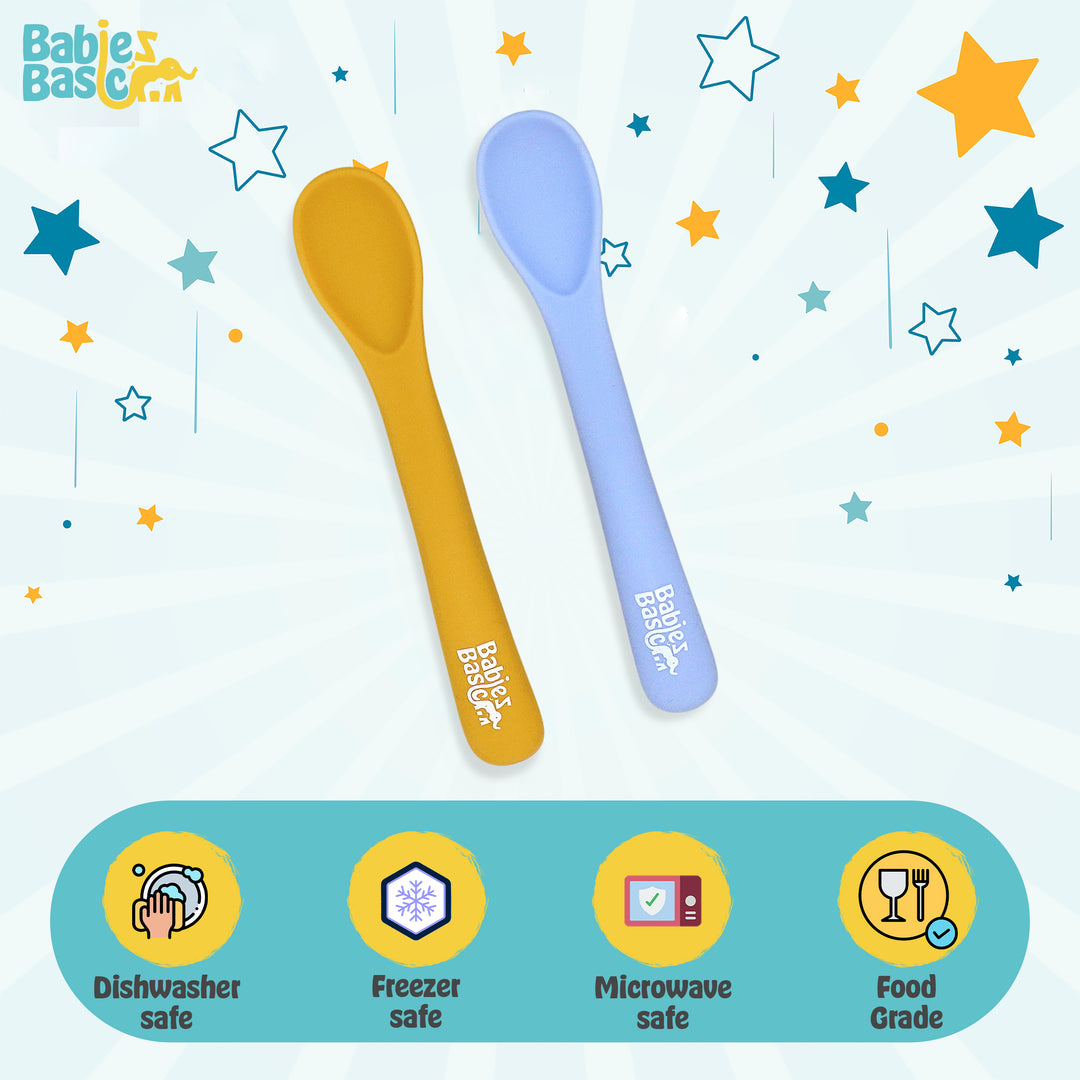 Babies Basic Flexible Silicone Spoon Set with travel case for kids, Yellow and Blue