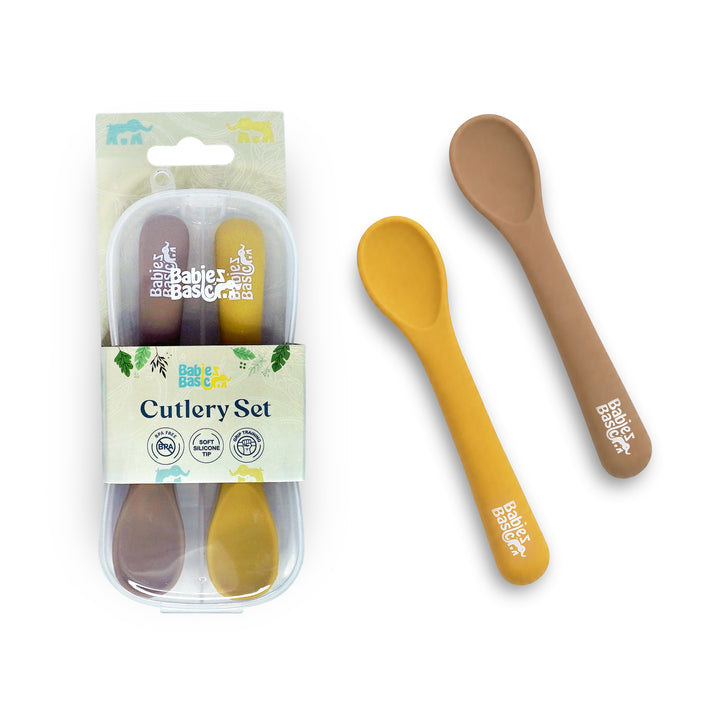 Babies Basic Flexible Silicone Spoon Set with travel case for kids, Yellow and Brown