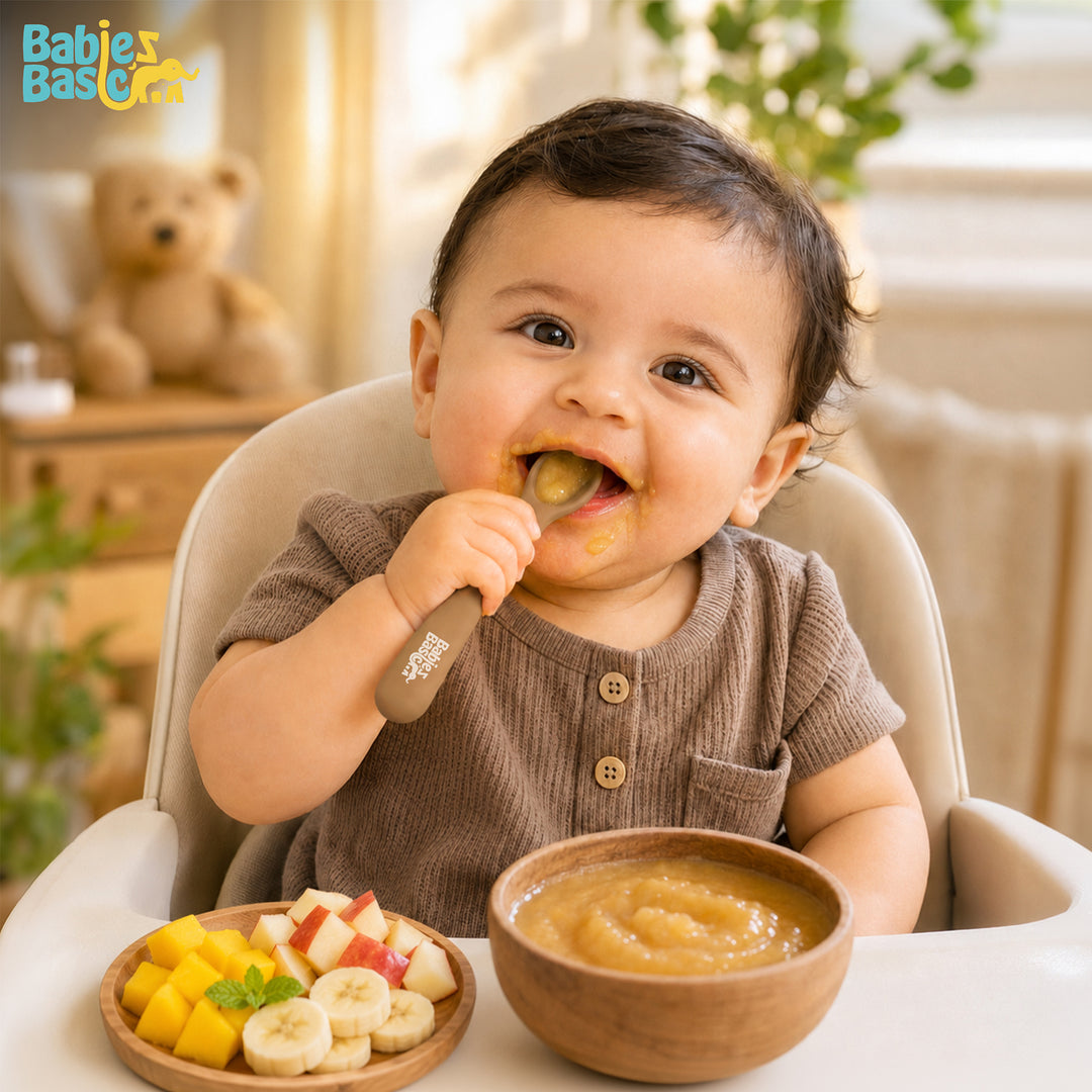 Babies Basic Flexible Silicone Spoon Set with travel case for kids, Yellow and Brown