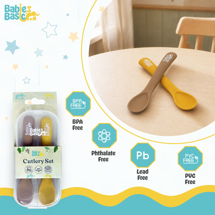 Babies Basic Flexible Silicone Spoon Set with travel case for kids, Yellow and Brown