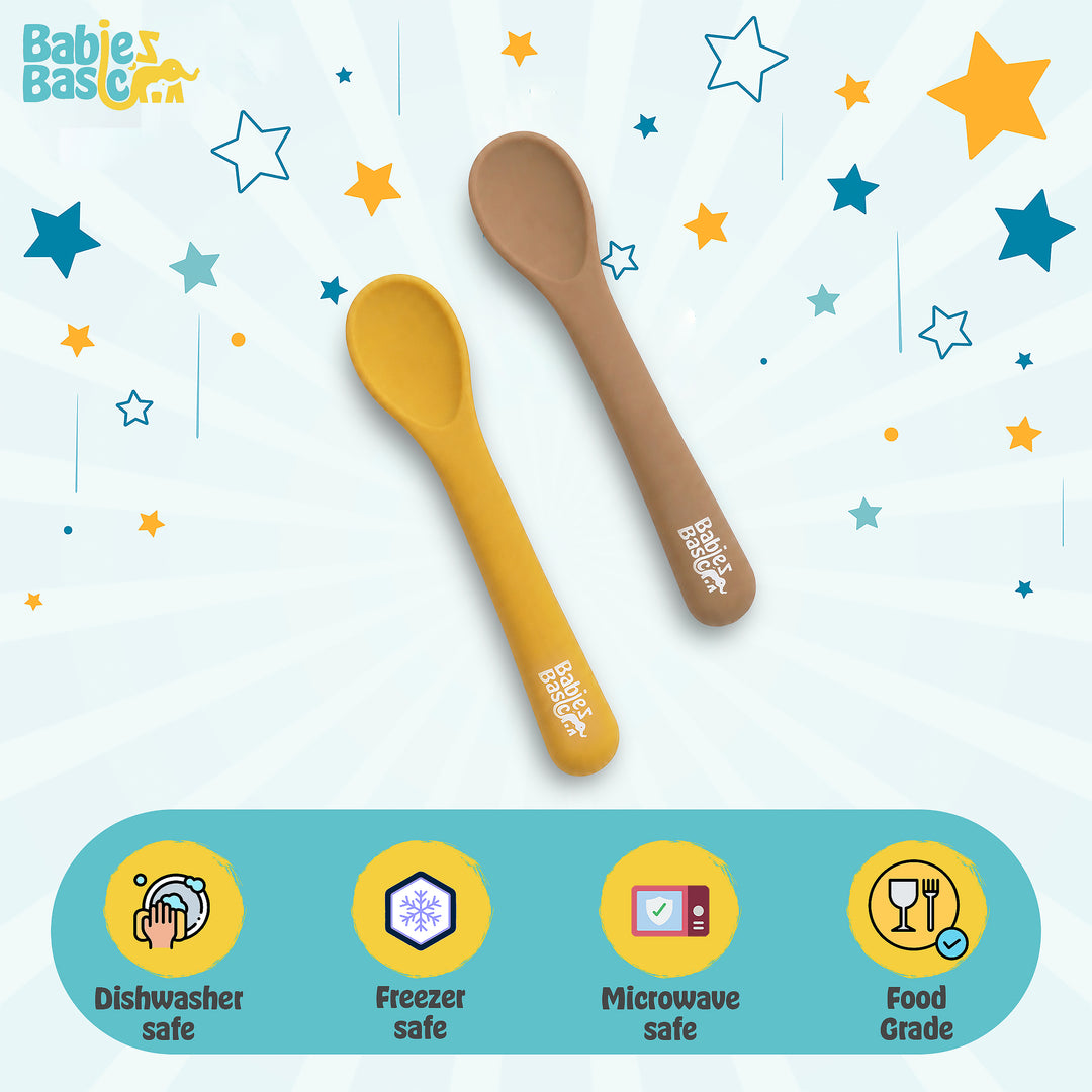 Babies Basic Flexible Silicone Spoon Set with travel case for kids, Yellow and Brown