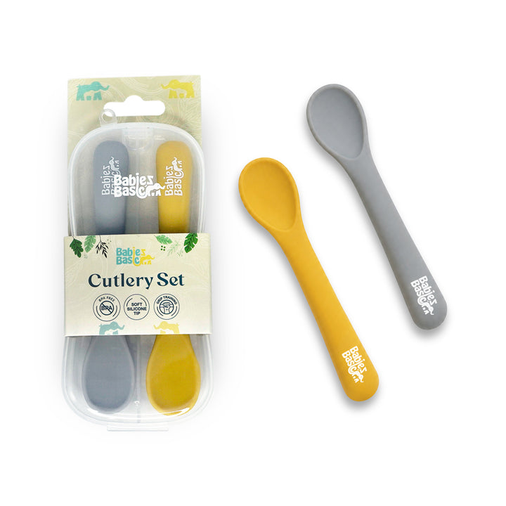 Babies Basic Flexible Silicone Spoon Set with travel case for kids, Yellow and Gray