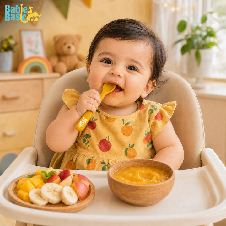Babies Basic Flexible Silicone Spoon Set with travel case for kids, Yellow and Gray