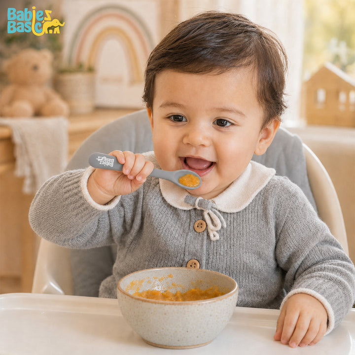 Babies Basic Flexible Silicone Spoon Set with travel case for kids, Yellow and Gray