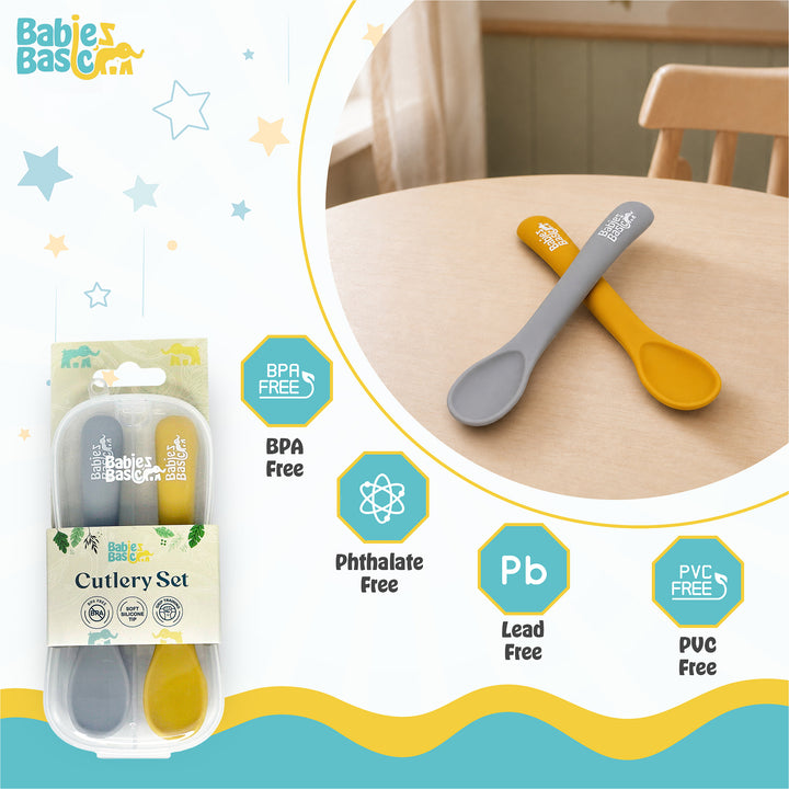 Babies Basic Flexible Silicone Spoon Set with travel case for kids, Yellow and Gray