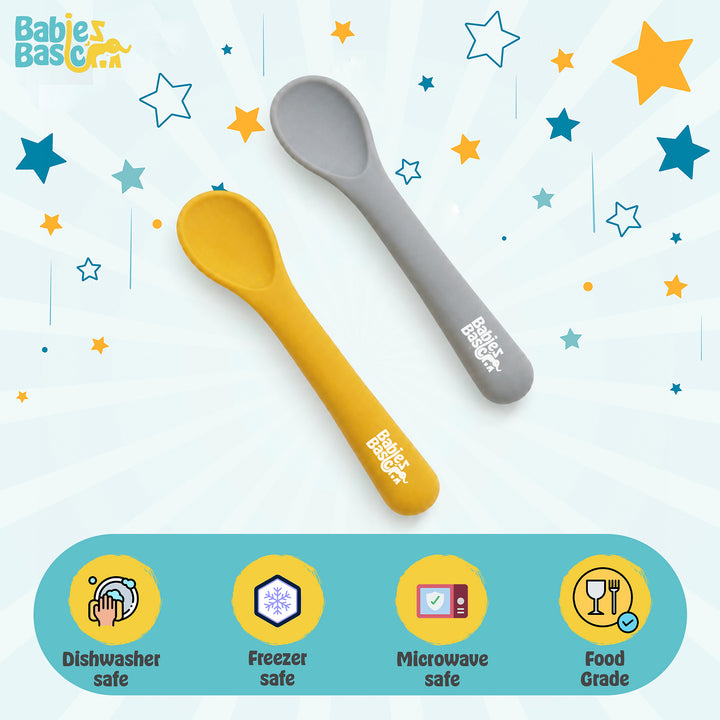 Babies Basic Flexible Silicone Spoon Set with travel case for kids, Yellow and Gray