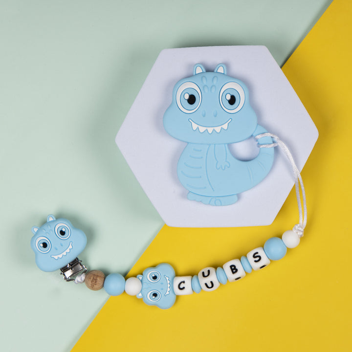 Personalized Blue Dinosaur Pacifier Clip For Babies | Non-Toxic & Safe!