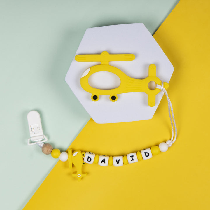 Personalized Pacifier Clip for Babies - Yellow Helicopter | Non-Toxic Material