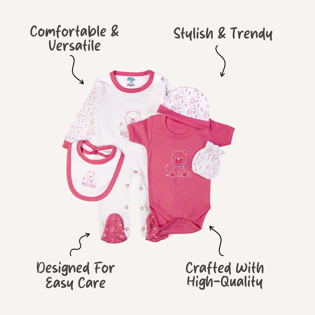 5pc Cotton Set - Bib, Romper, Mittens, Cap, Sleepsuit - Teddy - Red