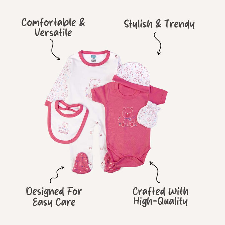 5pc Cotton Set - Bib, Romper, Mittens, Cap, Sleepsuit - Teddy - Red