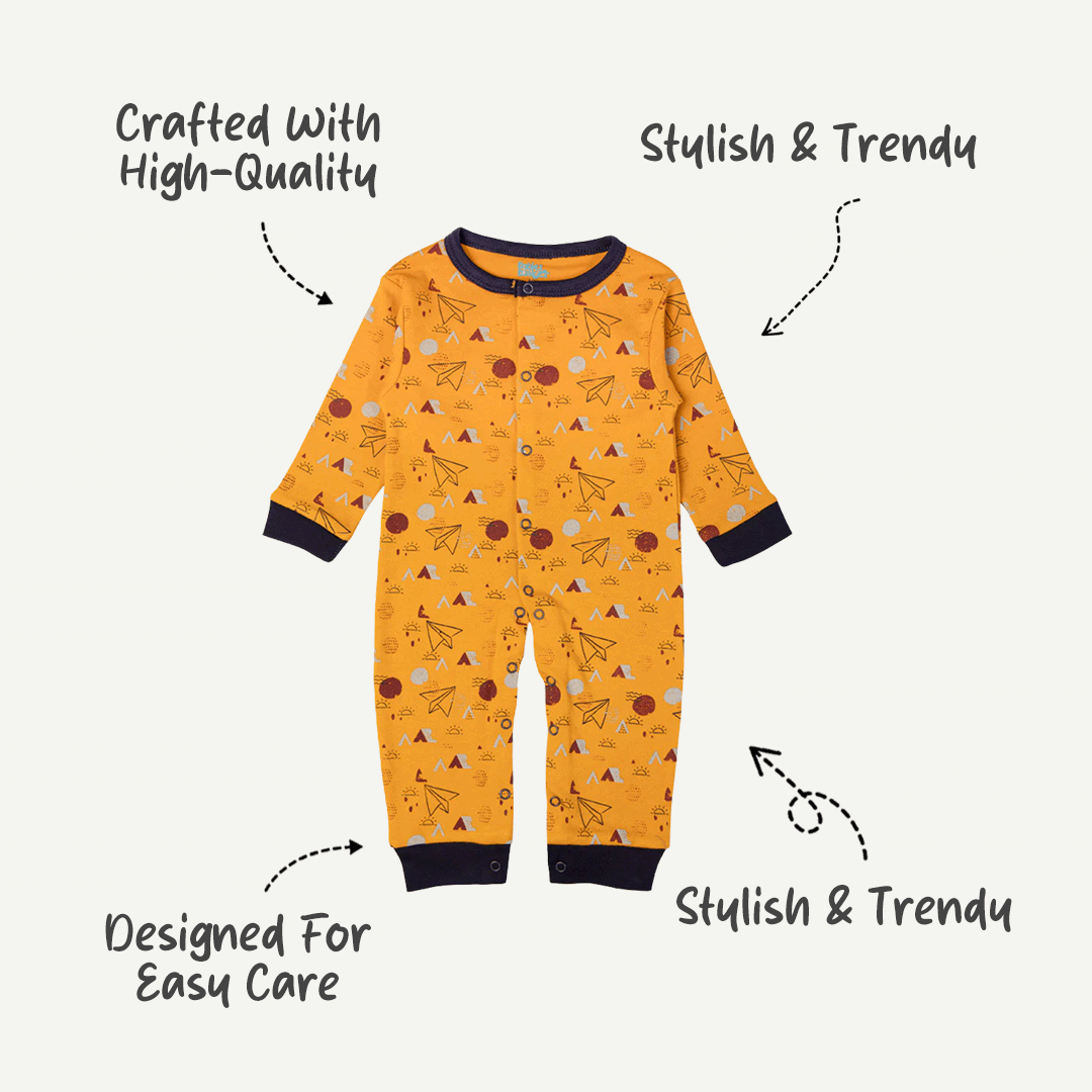 Babies Basic - Printed Cotton Long Sleeves Sleepsuit/Romper -Mustard Yellow